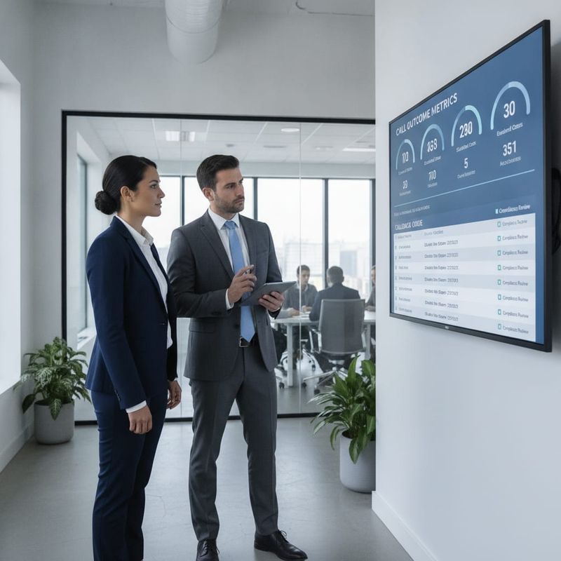 Brokerage retention and compliance team reviewing call outcome dashboard fed by webhooks