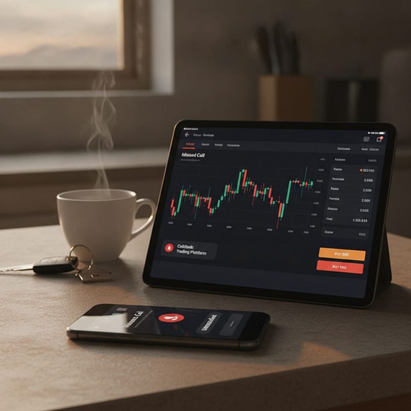Dormant trader's phone with a missed reactivation call beside a trading platform account