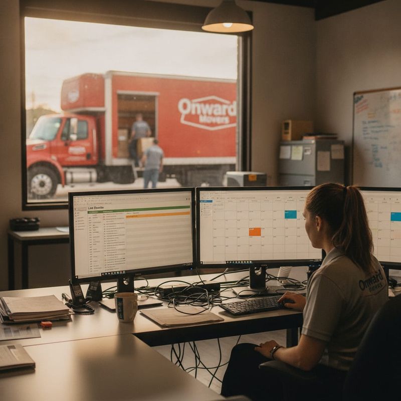 Moving company dispatch coordinator reviewing an incoming-lead pipeline on screen