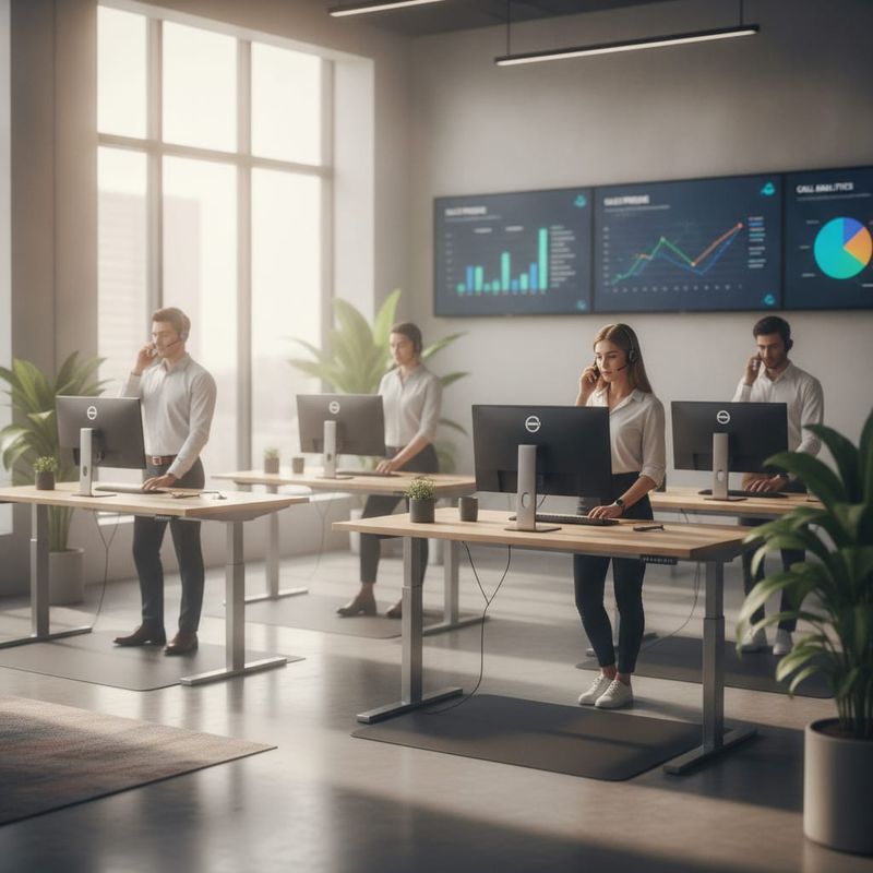 Sales team making outbound calls with AI-powered calling analytics on screens
