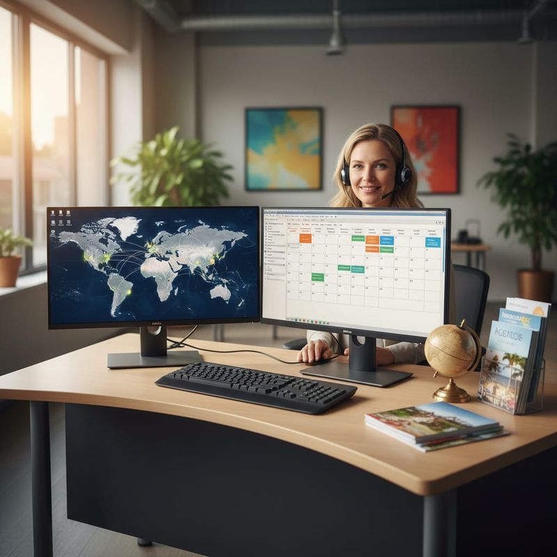 Travel agency agent taking calls at a desk with booking software on screen