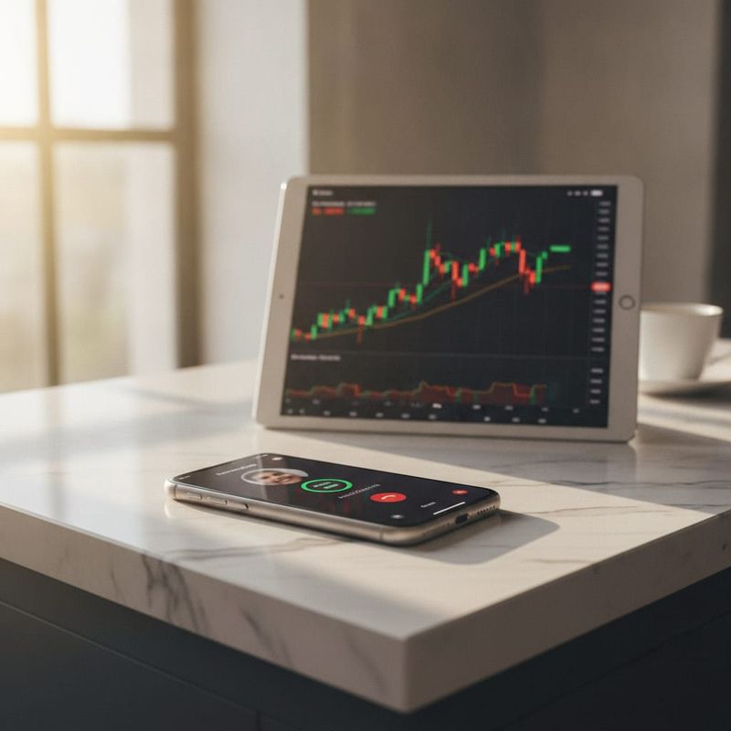 Trader's phone receiving a conversational AI call beside a tablet showing a forex chart