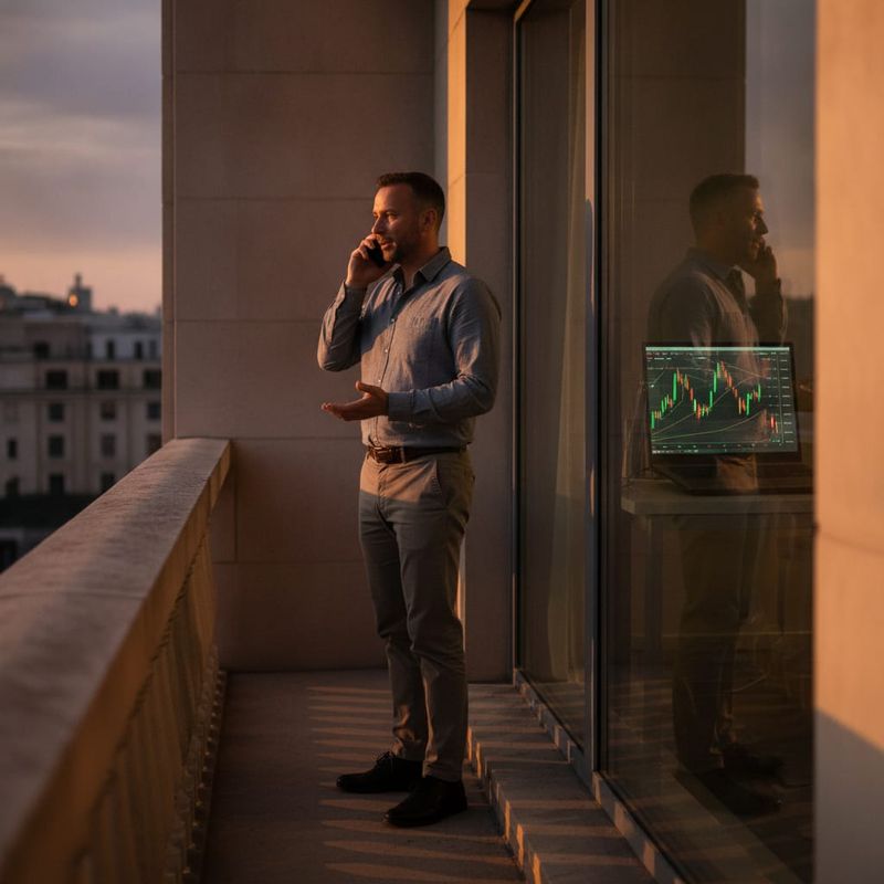 Dormant trader taking an AI voice reactivation call on his phone in the evening
