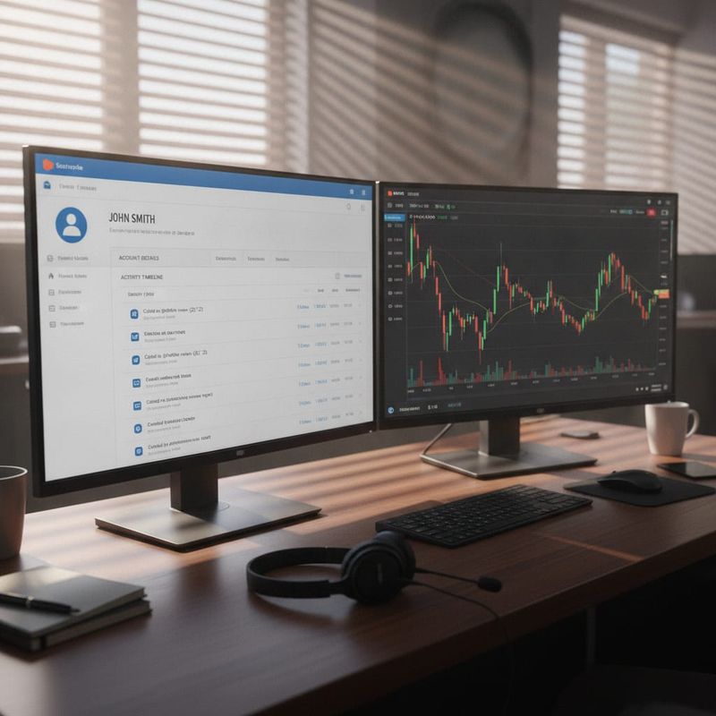 Brokerage retention desk with a CRM contact record and activity timeline open beside a trading platform screen
