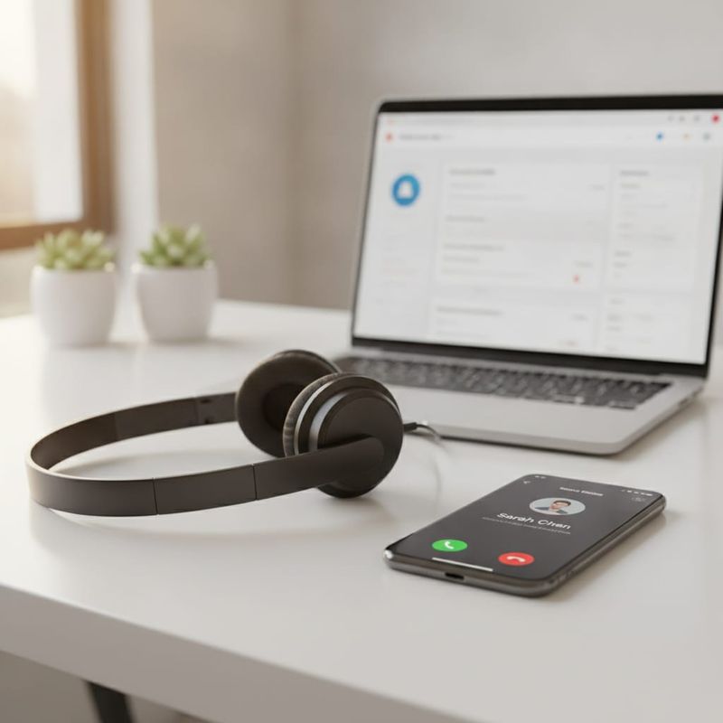 Headset and phone on a desk representing a compliant outbound calling setup