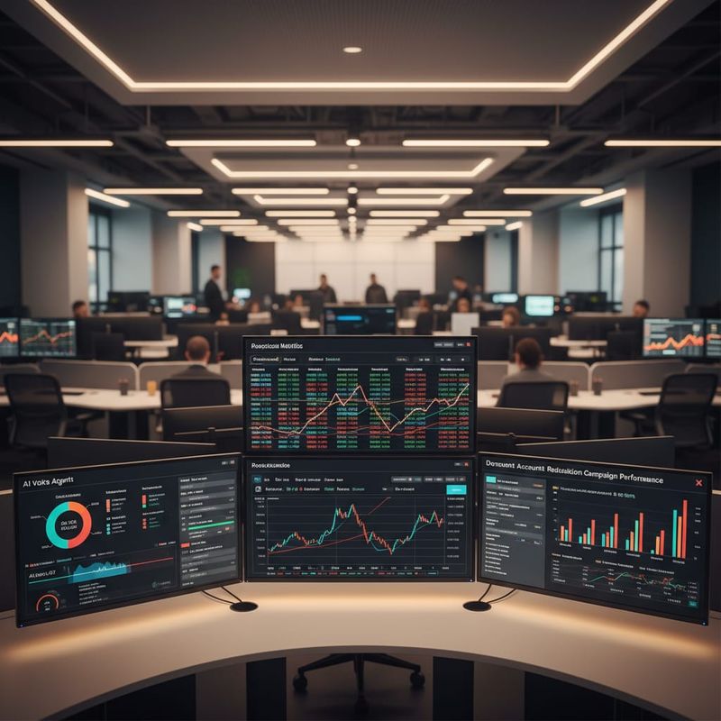 Fintech operations center showing AI voice agent analytics for trading account reactivation campaigns