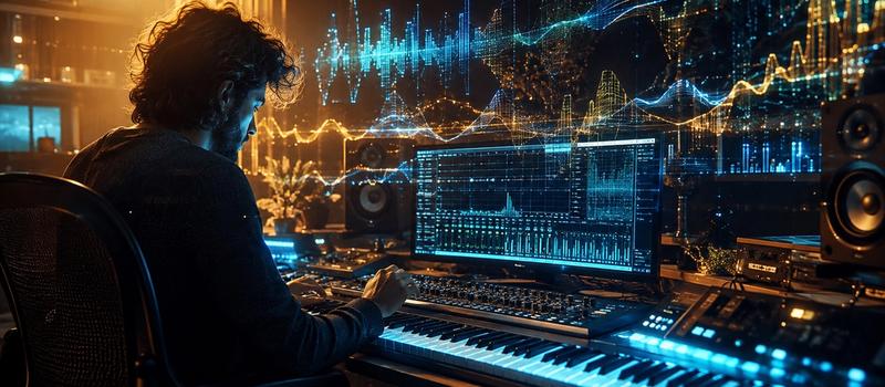 Music producer analyzing emotional impact of musical keys and harmony on digital audio workstation with piano notes and sound waveform visualizer.