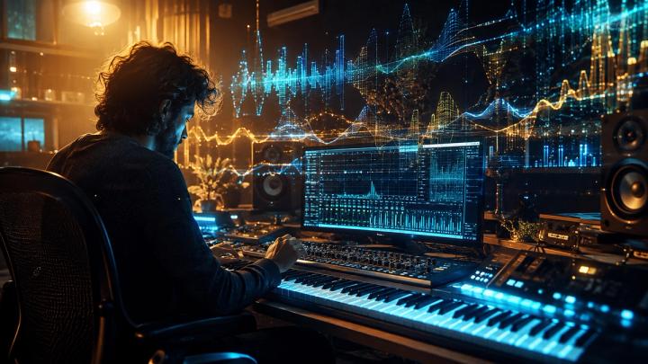 Music producer analyzing emotional impact of musical keys and harmony on digital audio workstation with piano notes and sound waveform visualizer.