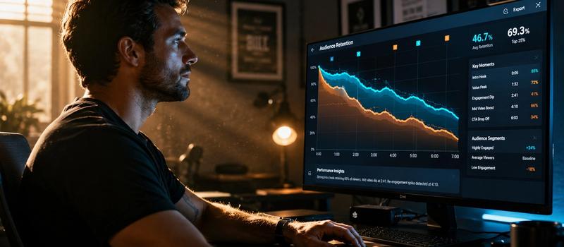 A growth marketer in a production studio analyzing multi-platform short-form video completion curves and watch time data layers on a premium interface.