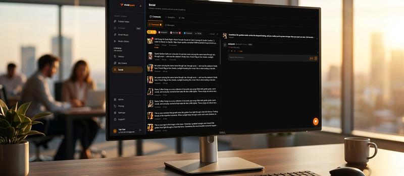 A cinematic 16:9 shot of a modern, clean SaaS dashboard interface displayed on a high-end studio monitor. The screen shows a unified social media inbox titled "vividspark.ai" aggregating real-time streams of comments,