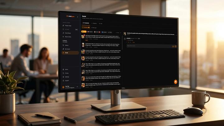 A cinematic 16:9 shot of a modern, clean SaaS dashboard interface displayed on a high-end studio monitor. The screen shows a unified social media inbox titled "vividspark.ai" aggregating real-time streams of comments,
