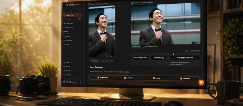 An intuitive AI video analytics dashboard on Vividspark.ai automatically extracting dynamic 9:16 and 16:9 video thumbnail covers with high sharpness and volumetric lighting in a modern creative studio environment.