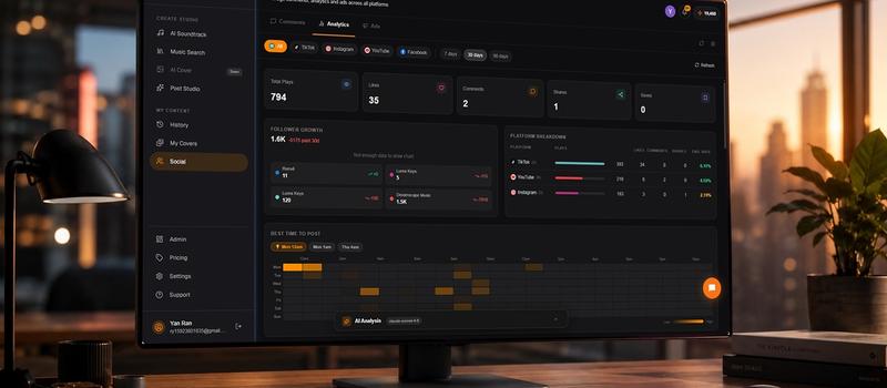 A smart video analytics dashboard comparing TikTok, Instagram, YouTube, and Facebook video performance with metrics like views, watch time, and AI recommendations.