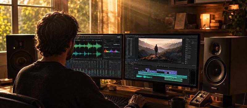 A cinematic view of a professional social media video post-production studio during golden hour. Warm sunlight streams through the window, creating a beautiful Tyndall effect with dramatic light beams. A content creator sits at a wooden desk facing a dual-monitor setup: one screen displaying detailed audio waveforms and frequency management panels, and the other showing a short-form video editing timeline. Professional studio monitors sit on both sides, visualizing an efficient, automated, and centralized video publishing workflow framework.