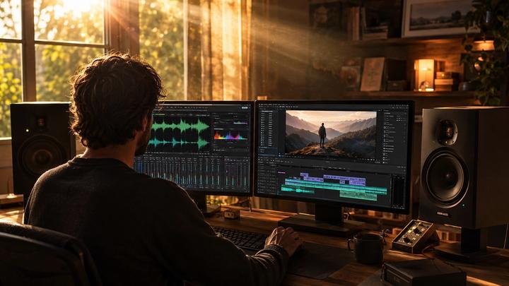 A cinematic view of a professional social media video post-production studio during golden hour. Warm sunlight streams through the window, creating a beautiful Tyndall effect with dramatic light beams. A content creator sits at a wooden desk facing a dual-monitor setup: one screen displaying detailed audio waveforms and frequency management panels, and the other showing a short-form video editing timeline. Professional studio monitors sit on both sides, visualizing an efficient, automated, and centralized video publishing workflow framework.