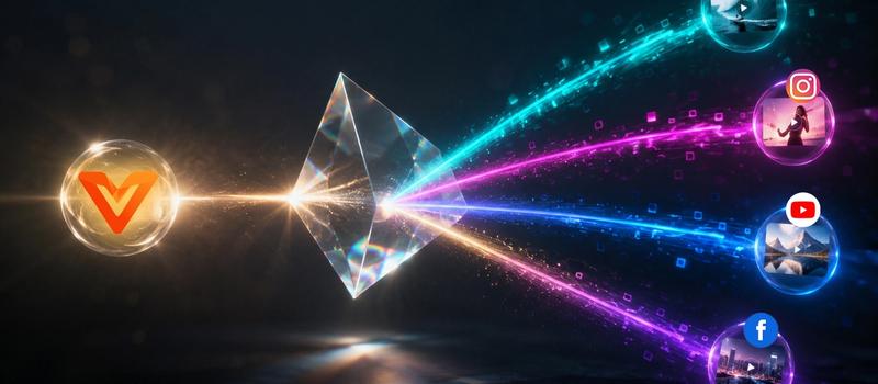 Abstract 3D motion concept representing a single master video refracting into colorful multi-platform social media content channels with VividSpark AI