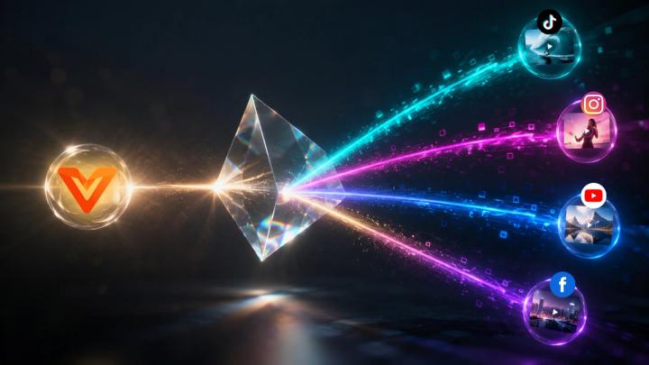Abstract 3D motion concept representing a single master video refracting into colorful multi-platform social media content channels with VividSpark AI