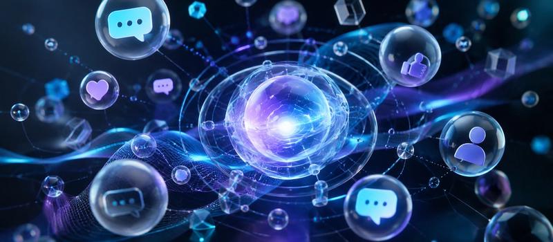 An abstract visual concept representing social media comment data, audience signals, and multi-platform AI intelligence floating through glowing digital nodes.