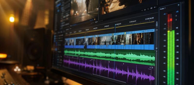 A professional video editor arranging background music wave tracks on a timeline inside a cinematic editing studio with sound meters.