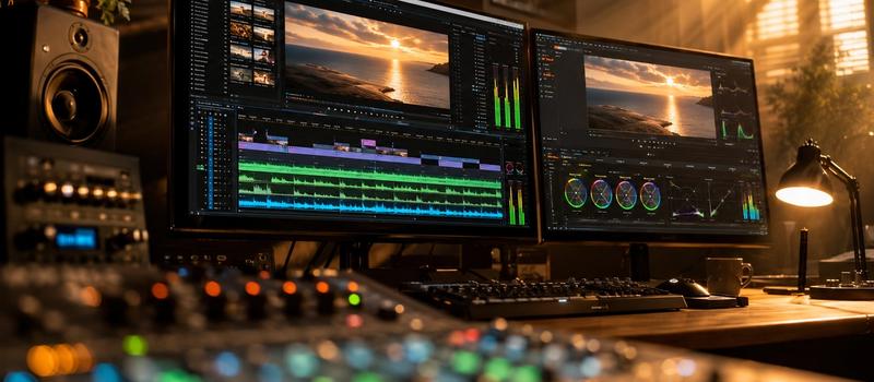 Professional cinematic video editing timeline with audio waveform visualization and golden hour studio lighting"