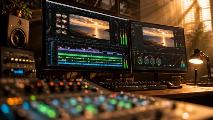 Professional cinematic video editing timeline with audio waveform visualization and golden hour studio lighting"