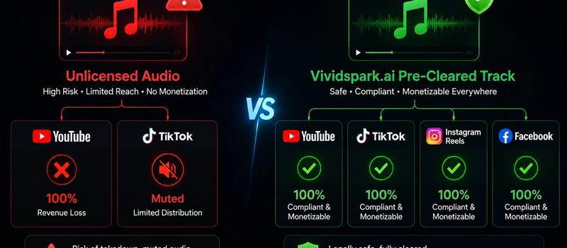Infographic comparing the platform copyright risks of unlicensed trending music versus cross-platform pre-cleared commercial audio on YouTube Content ID and Meta Rights Manager.