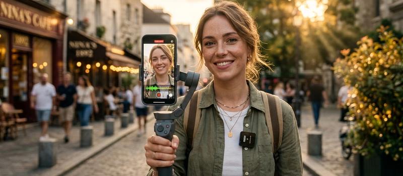 A European content creator using a smartphone and handheld gimbal to film an outdoor travel vlog during golden hour, emphasizing mobile video production and emotional engagement.