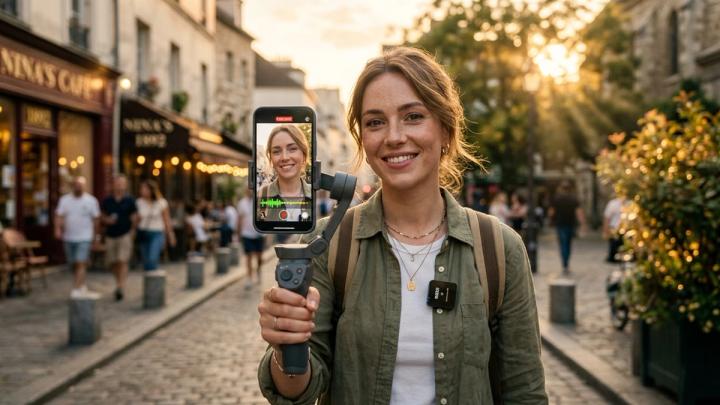 A European content creator using a smartphone and handheld gimbal to film an outdoor travel vlog during golden hour, emphasizing mobile video production and emotional engagement.