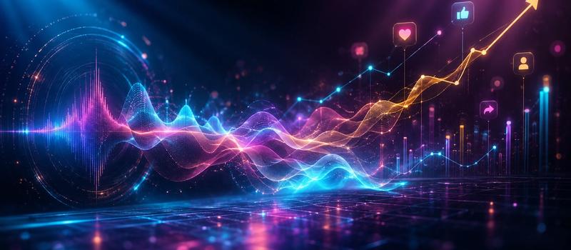 Abstract digital artwork representing audio frequency waves seamlessly morphing into social media video retention graphs and engagement analytics.