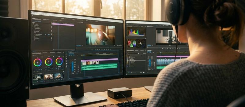 A female editor (back view) with a bun and headphones works at a dual Dell monitor station in a sunlit studio. The screens display the detailed DaVinci Resolve editing interface with color wheels and a timeline, under warm window light.