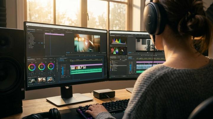 A female editor (back view) with a bun and headphones works at a dual Dell monitor station in a sunlit studio. The screens display the detailed DaVinci Resolve editing interface with color wheels and a timeline, under warm window light.
