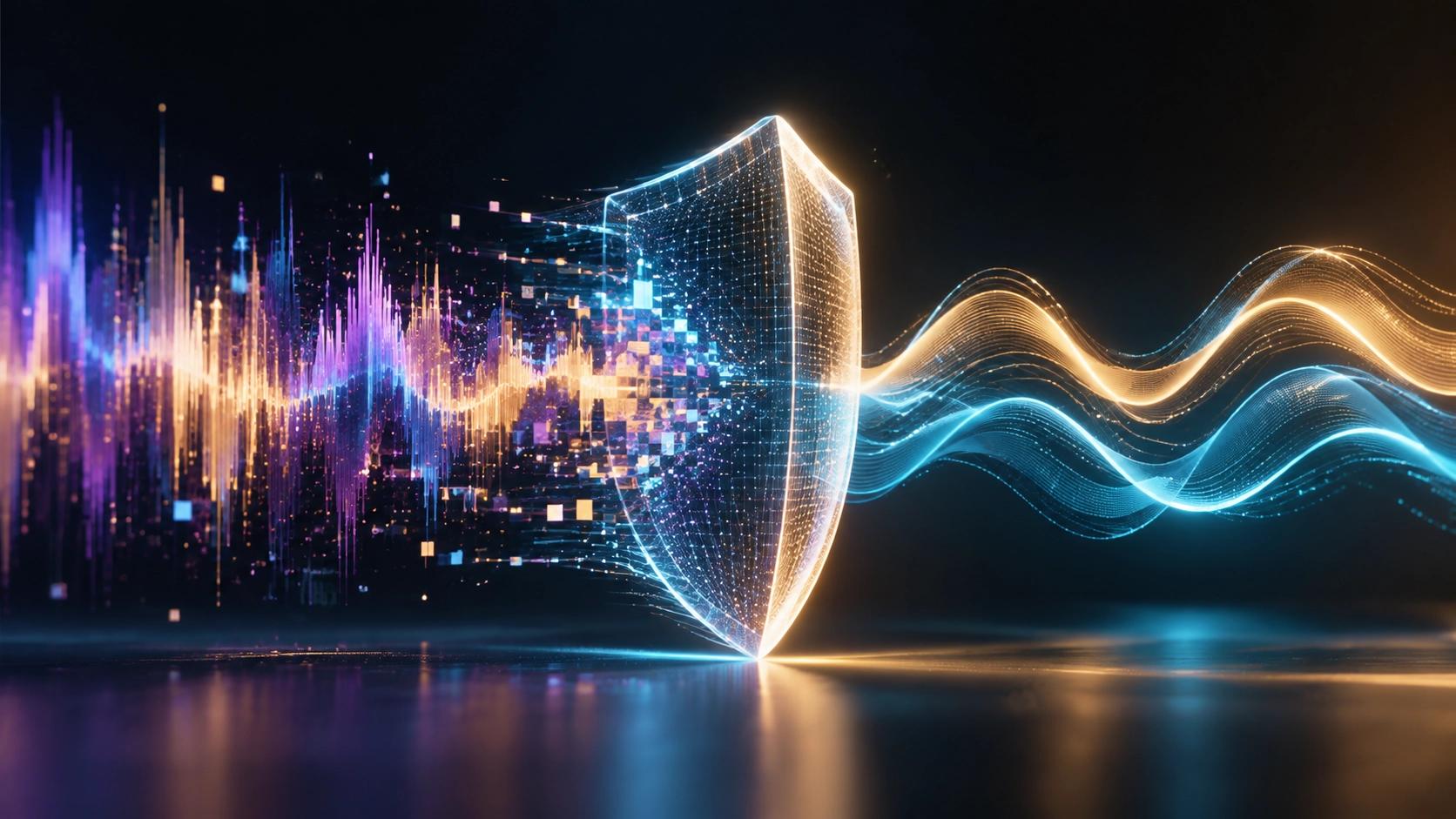 Abstract visualization of AI audio risk screening, showing glowing sound waves being filtered and protected by a digital network shield