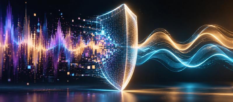 Abstract visualization of AI audio risk screening, showing glowing sound waves being filtered and protected by a digital network shield