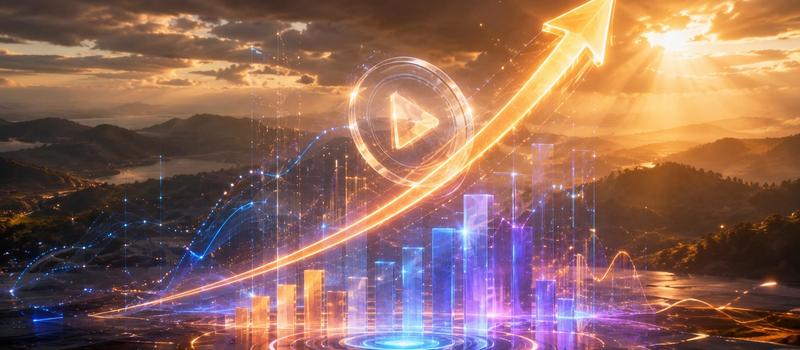 A conceptual 3D data visualization representing video marketing ROI, showing floating glowing charts, multi-platform analytics streams, and a rising growth curve against a cinematic atmospheric background.