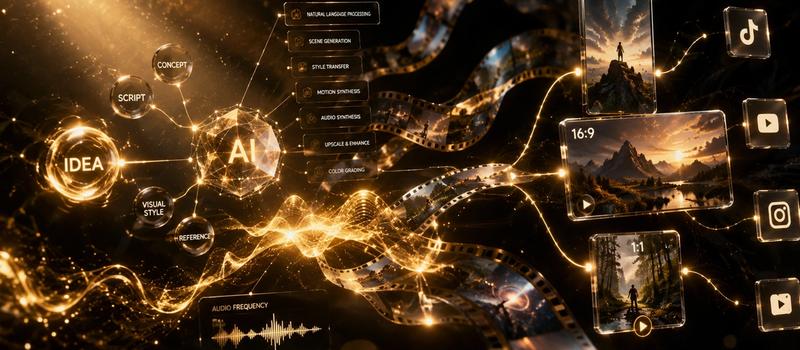 Abstract creative illustration representing the AI video creation workflow, blending glowing fluid waveforms, cinematic light beams, and multi-dimensional video frames.