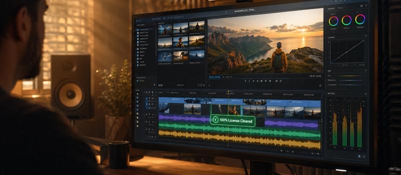 Video editor working in a cozy studio on a timeline with licensed background music from VividSound Library, displaying a green copyright-safe checkmark badge, cinematic lighting.