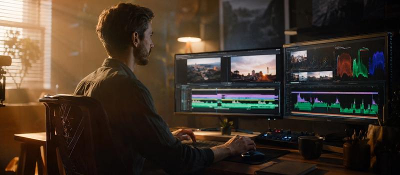 A professional video editor working on video storytelling soundtrack timeline with wave visualizations and cinematic lighting.