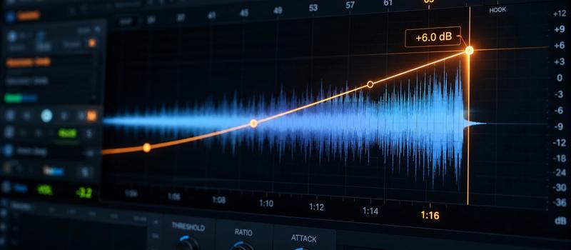 Audio waveform diagram showing music crescendo build-up and volume automation envelope leading to a key video reveal