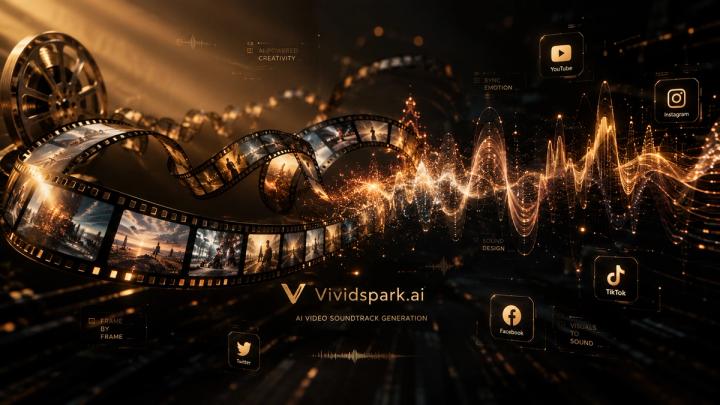 Abstract visual concept representing AI video scene analysis and dynamic music synchronization with glowing waveform spectrums.