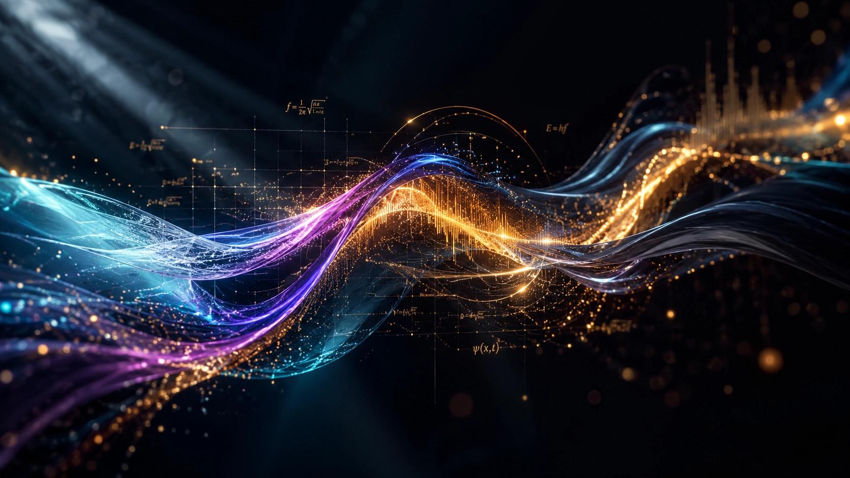 Abstract conceptual artwork illustrating AI soundtrack matching through the fusion of flowing visual light waves and golden musical audio frequency particles
