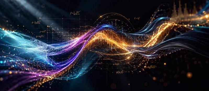 Abstract conceptual artwork illustrating AI soundtrack matching through the fusion of flowing visual light waves and golden musical audio frequency particles