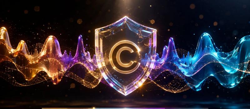 Modern abstract digital art representing video audio waves merging with AI copyright protection