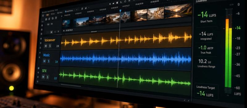 Professional video editing software timeline showing balanced multitrack audio waveforms of voiceover, background music, and sound effects with LUFS meter visualization.