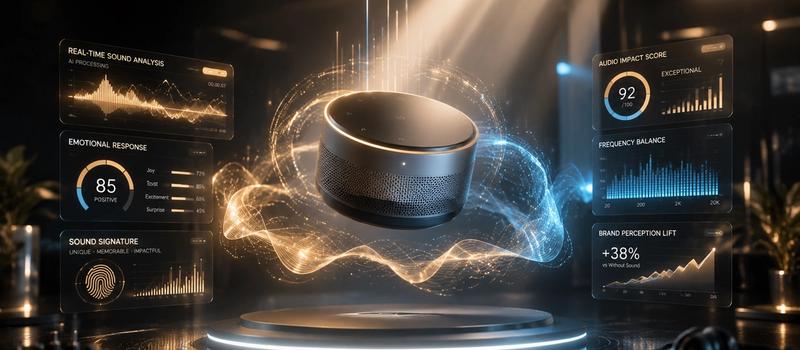 High-tech digital studio featuring a holographic luxury product suspended over glowing ambient music frequency bars and emotional analytics data.