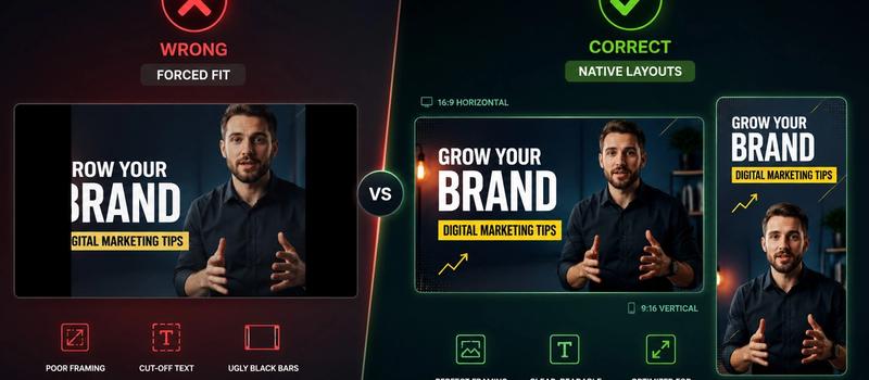 Comparison between a poorly cropped video thumbnail with black bars versus a perfectly optimized dual-cover layout for different viewports.