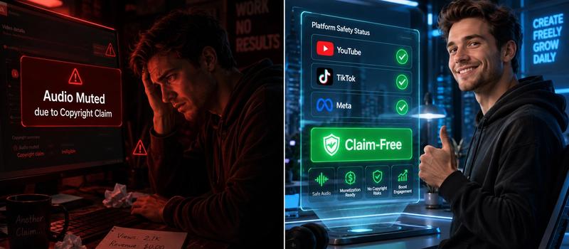 A conceptual visual comparing the chaotic aftermath of a muted copyright-flagged video versus a smooth claim-free AI video publishing workflow.