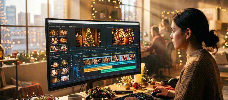Creative marketing workspace showing holiday-themed video ads with festive background music and emotional audio waveforms.