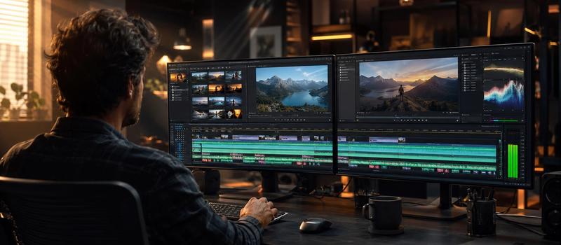 Cinematic video editing workspace showing a professional marketing timeline with layered sound design and complex audio waveforms for brand storytelling.