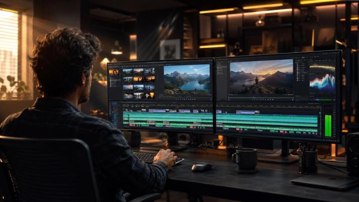Cinematic video editing workspace showing a professional marketing timeline with layered sound design and complex audio waveforms for brand storytelling.