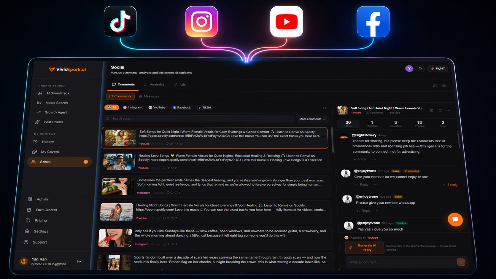 VividSpark unified social inbox dashboard managing TikTok, Instagram, and YouTube comments in one interface.